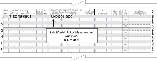 Examples: UN0000012000 for a quantity of 12 units, ML0000124540 for a quantity of 124.54 milliliters (ML)